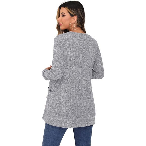 Grecerelle Womens Gray Open Front Button Down Ribbed Knit Lightweight Sweaters - Picture 5 of 5